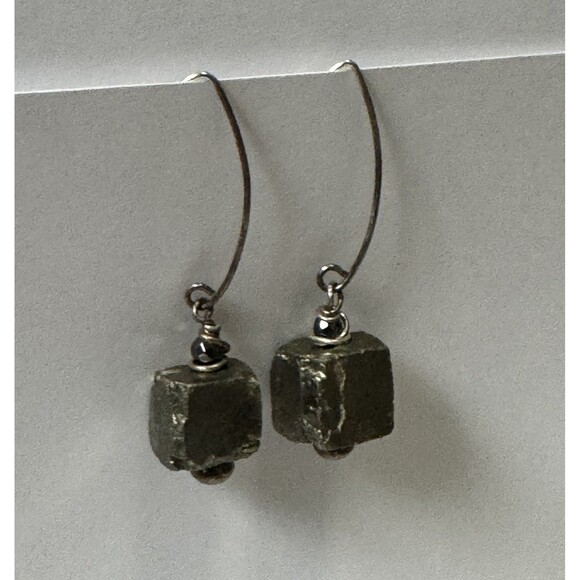 Pyrite Earrings Cube Dangle Raw Stone Wire Drop Grunge Natural Organic - Picture 1 of 9